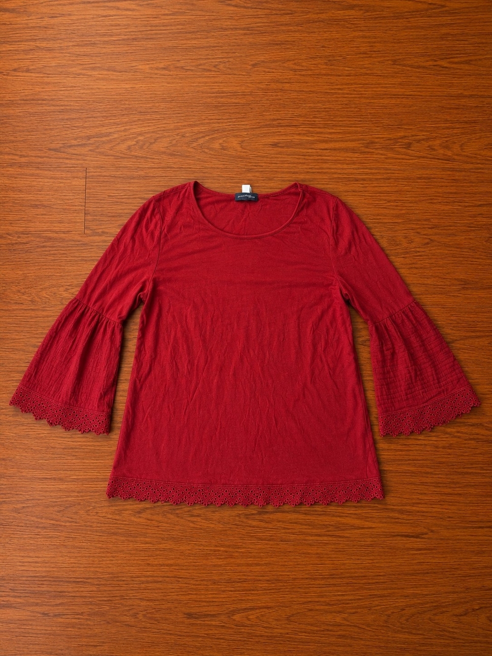 Wrangler Women’s Large Red Bell Sleeve Blouse Boho Crochet Trim Casual Top